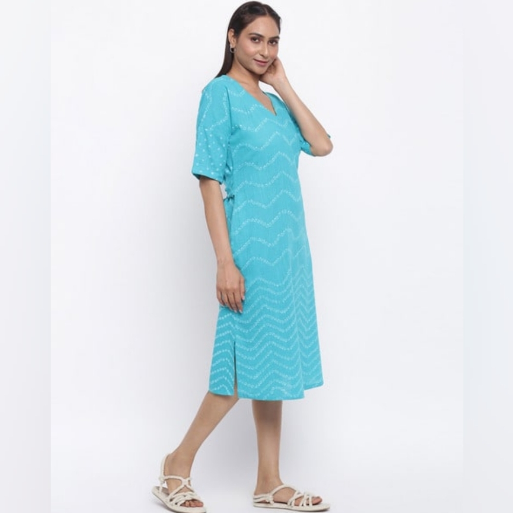 Fabindia Vibrant Turquoise/Teal V-Neck Dress, Size Small